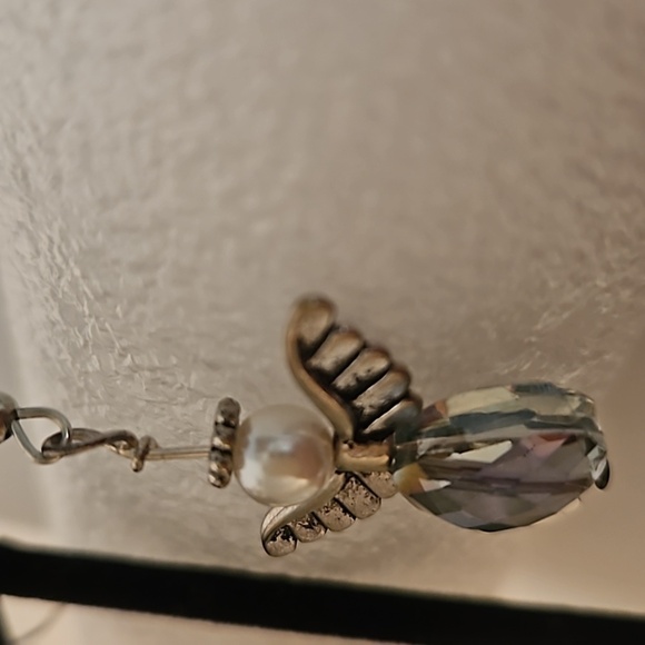 Purple AB Crystal & Faux Pearl on Silvertone Angel Pierced Earrings - Picture 3 of 5